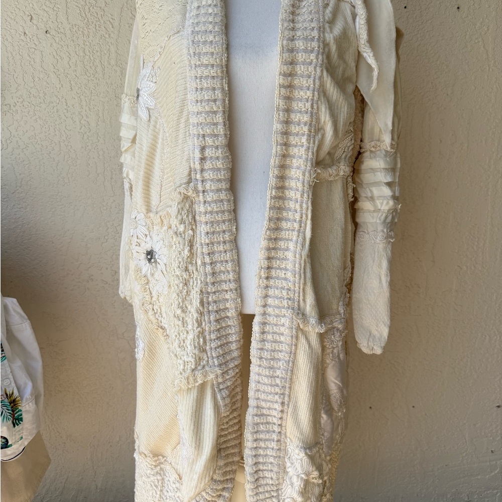 Vtg Vintage 1980s Designer Knit Patchwork Beaded Boho Cottage Core Duster Cache